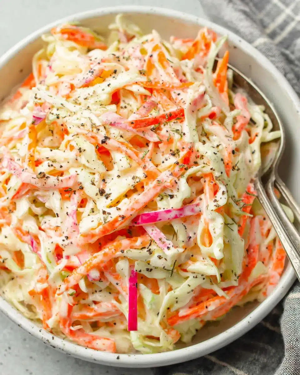 Creamy cole slaw salad with cabbage, carrots, and apple in a white bowl