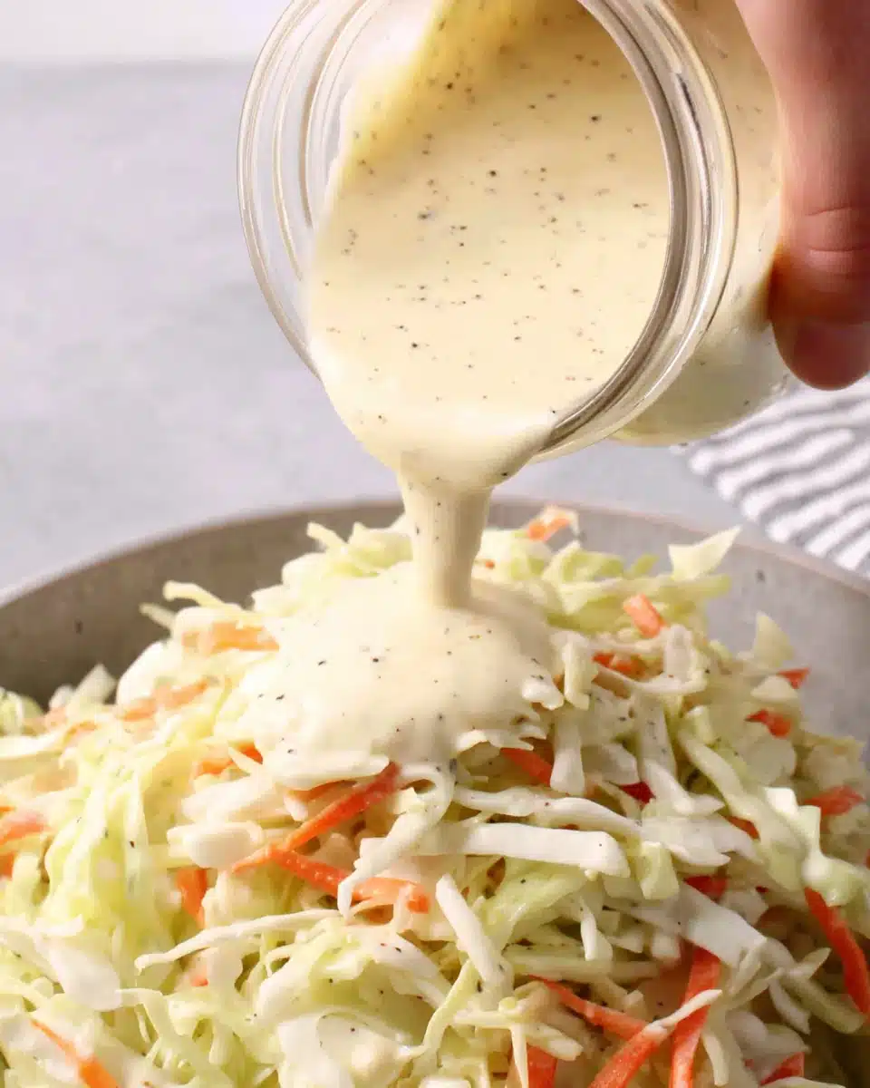 Creamy coleslaw dressing being poured over fresh coleslaw with cabbage and carrots