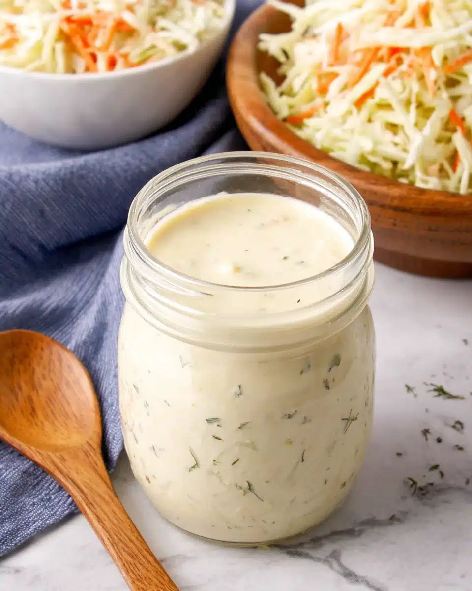 Creamy coleslaw dressing in a glass jar with fresh coleslaw in the background