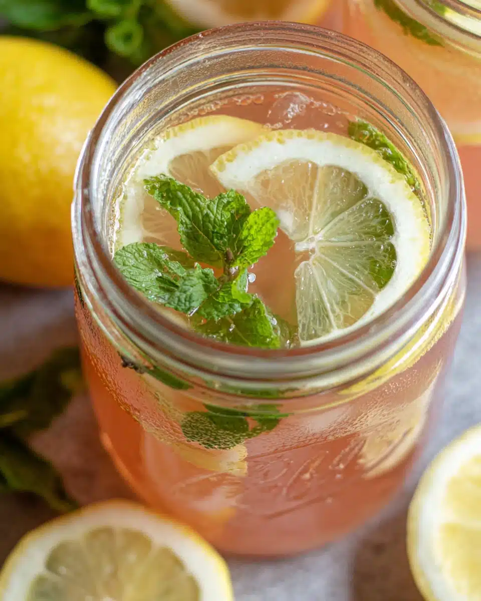 Copycat Chick-Fil-A watermelon mint lemonade in a glass jar with lemon slices and mint leaves