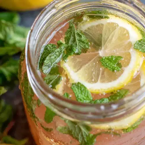 Copycat Chick-Fil-A watermelon mint lemonade in a glass jar with lemon slices and mint leaves