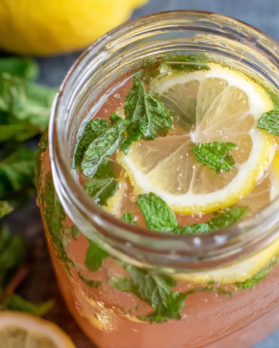 Copycat Chick-Fil-A watermelon mint lemonade in a glass jar with lemon slices and mint leaves
