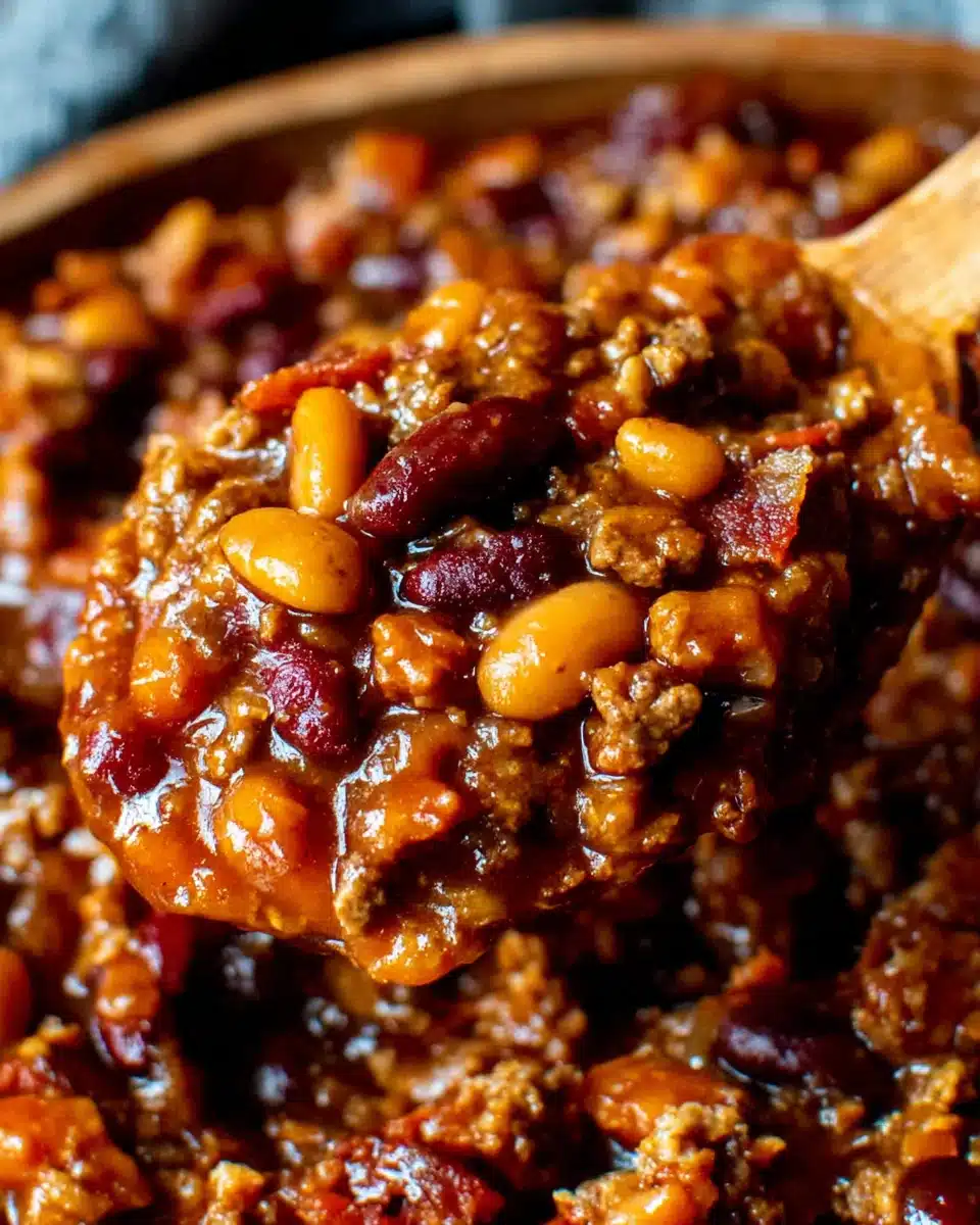 Spoonful of cowboy baked beans with bacon, beans, and savory sauce