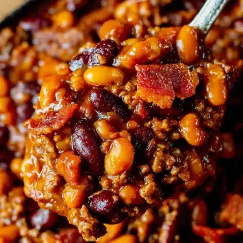 Spoonful of cowboy baked beans with bacon and ground beef