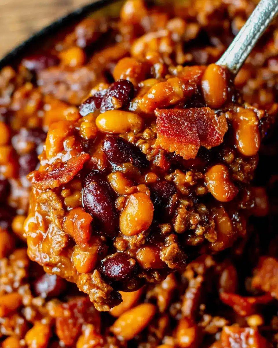 Spoonful of cowboy baked beans with bacon and ground beef