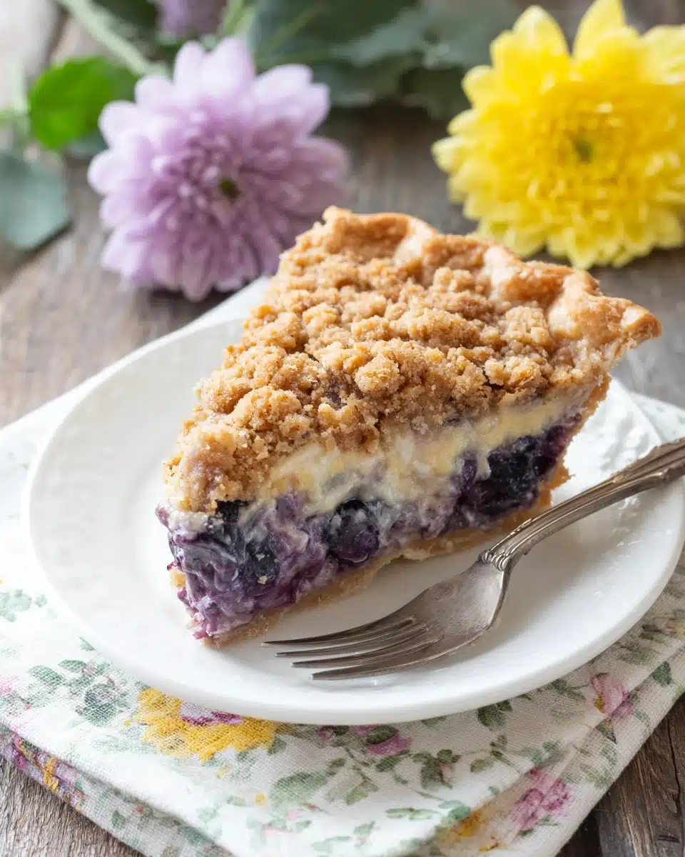 A slice of creamy blueberry pie with crumb topping on a white plate