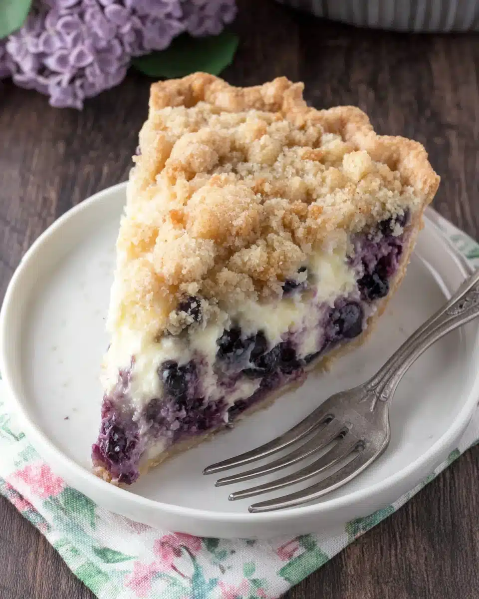 A slice of creamy blueberry pie with streusel topping on a white plate