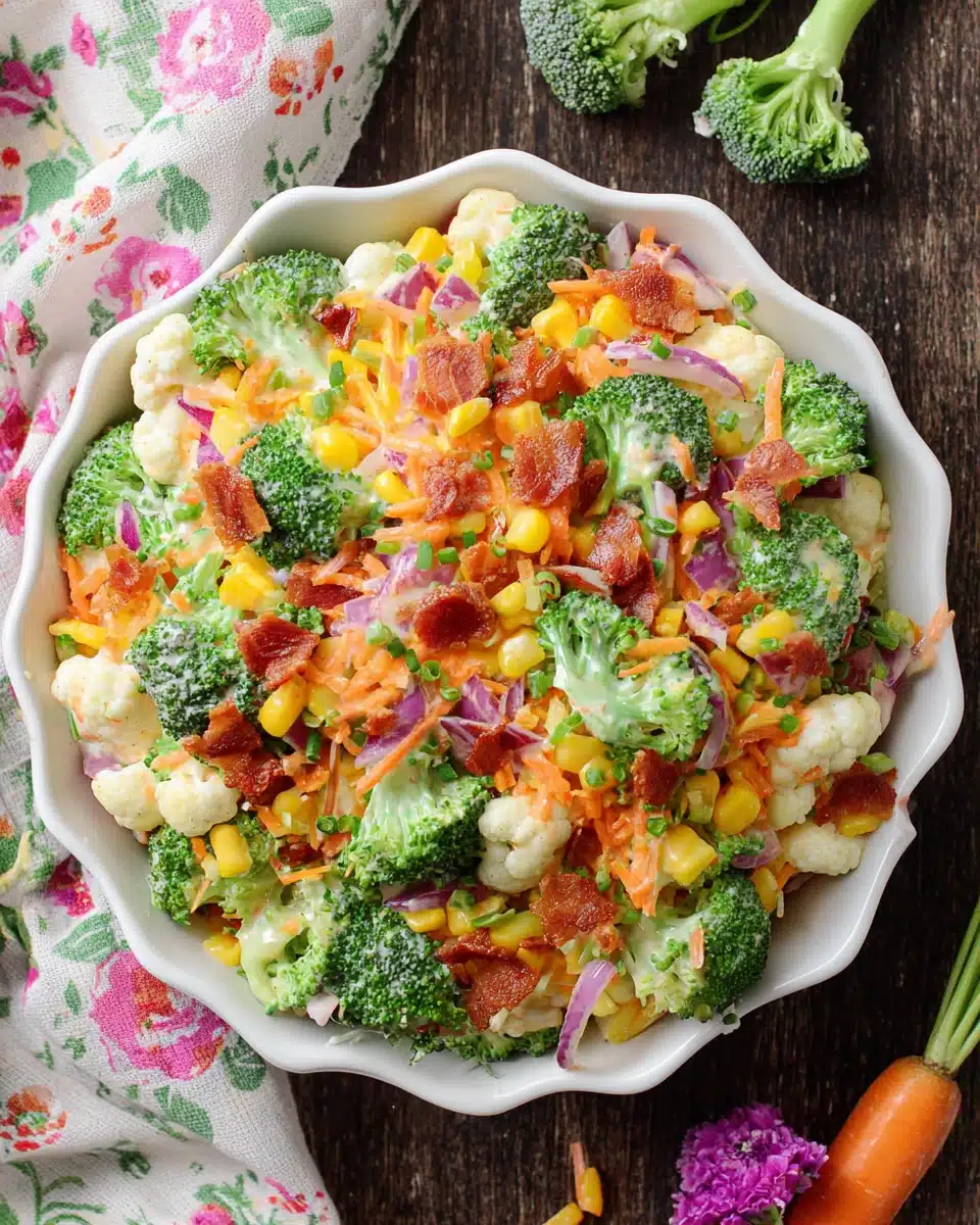 Creamy broccoli salad with bacon, cheddar, corn, and vegetables in a white bowl