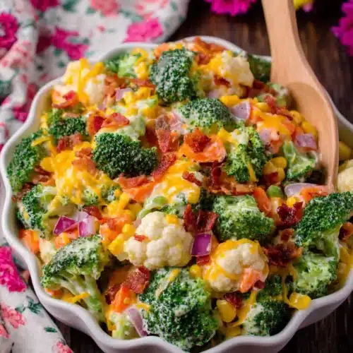 Creamy broccoli salad with bacon, cheddar, and vegetables in a white bowl