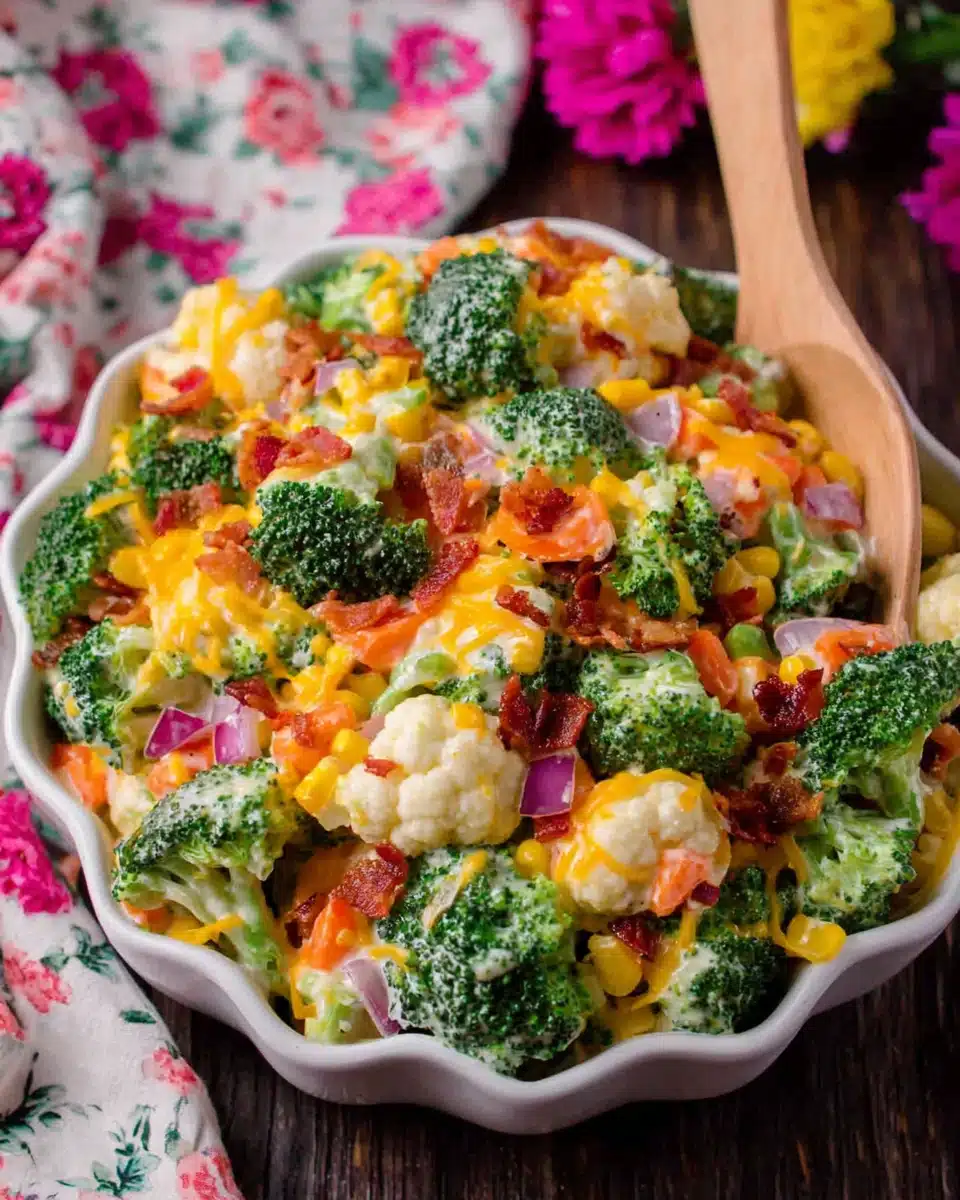 Creamy broccoli salad with bacon, cheddar, and vegetables in a white bowl
