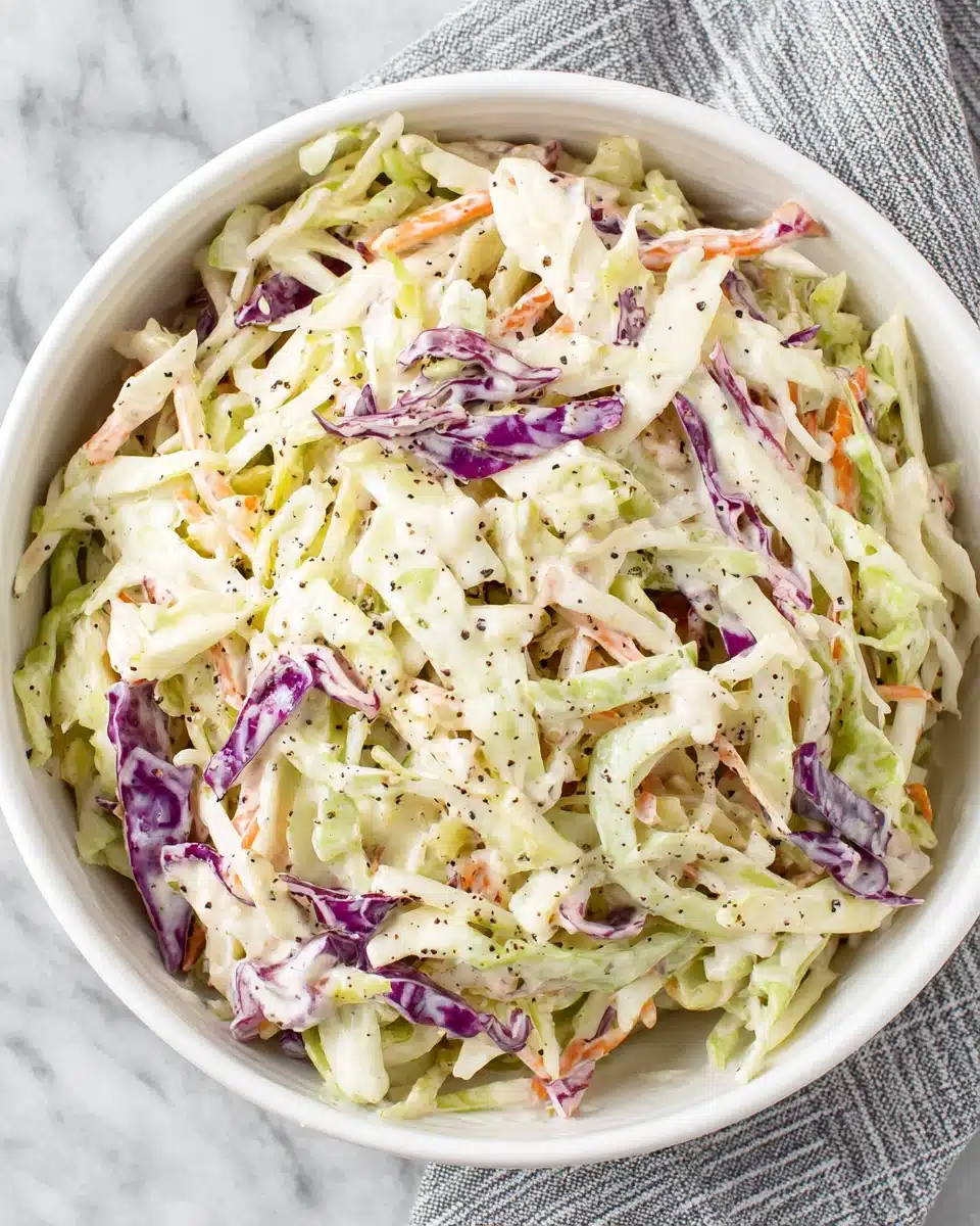 Creamy coleslaw with shredded cabbage and carrots in a white bowl