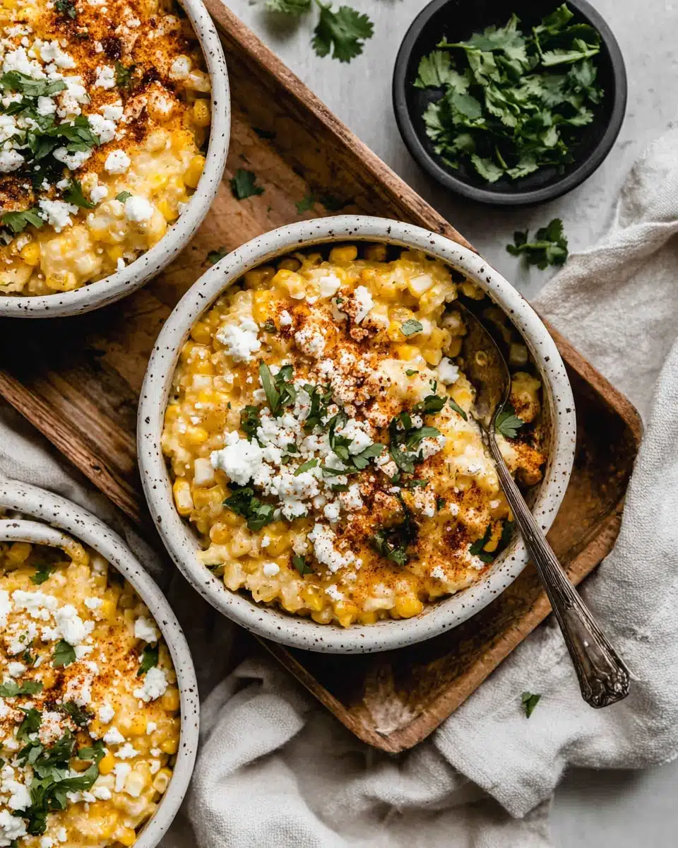 Creamy corn casserole with queso fresco and cilantro in white bowls