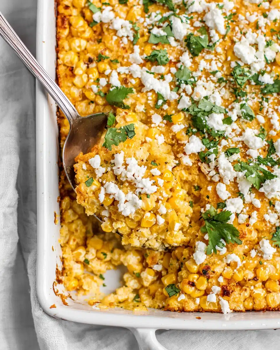 Creamy corn casserole with queso fresco and cilantro in a white dish