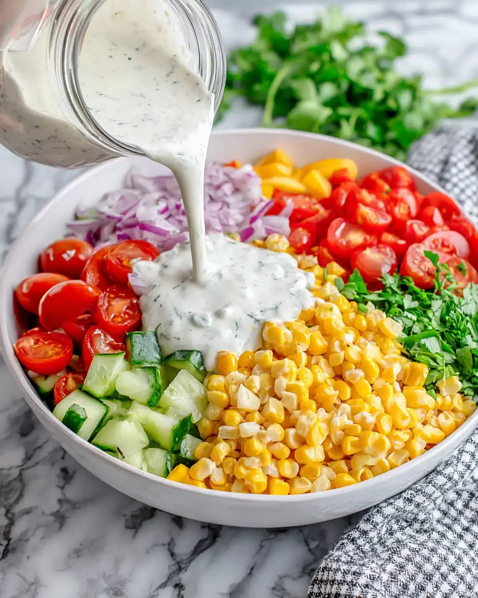 Creamy corn salad with tomatoes, corn, red onion, and cilantro being dressed with creamy white sauce