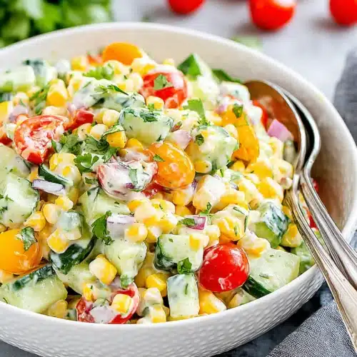 Creamy corn salad with tomatoes, cucumbers, and cilantro in a white bowl