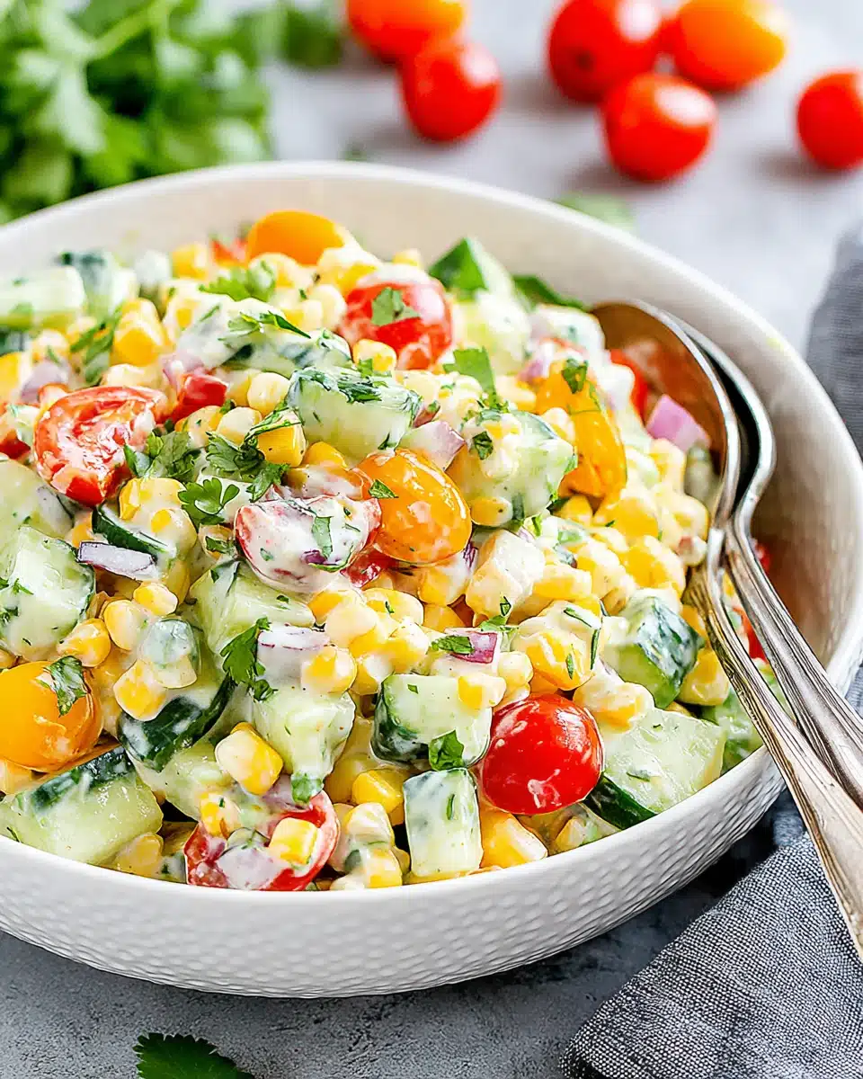 Creamy corn salad with tomatoes, cucumbers, and cilantro in a white bowl