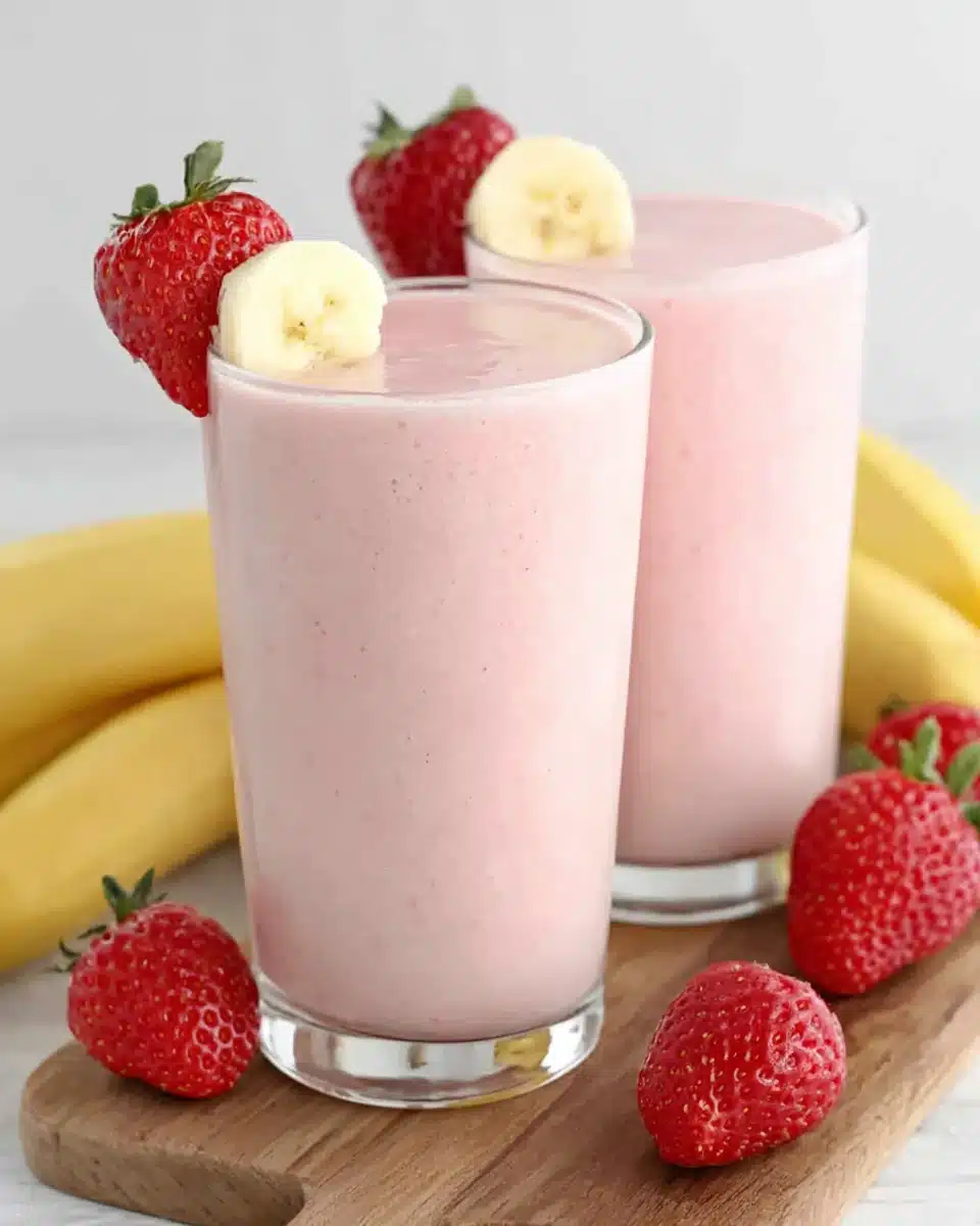 Creamy strawberry banana smoothie in glass with fresh fruit garnish