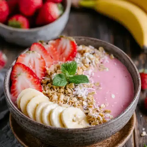 Creamy strawberry banana smoothie bowl with fresh fruit and granola toppings