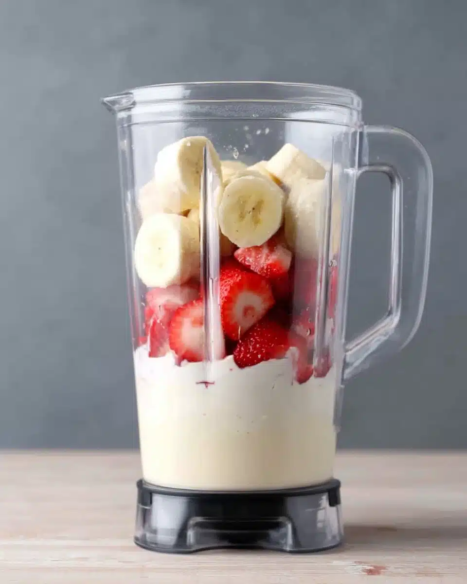 Creamy strawberry banana smoothie bowl ingredients in a blender