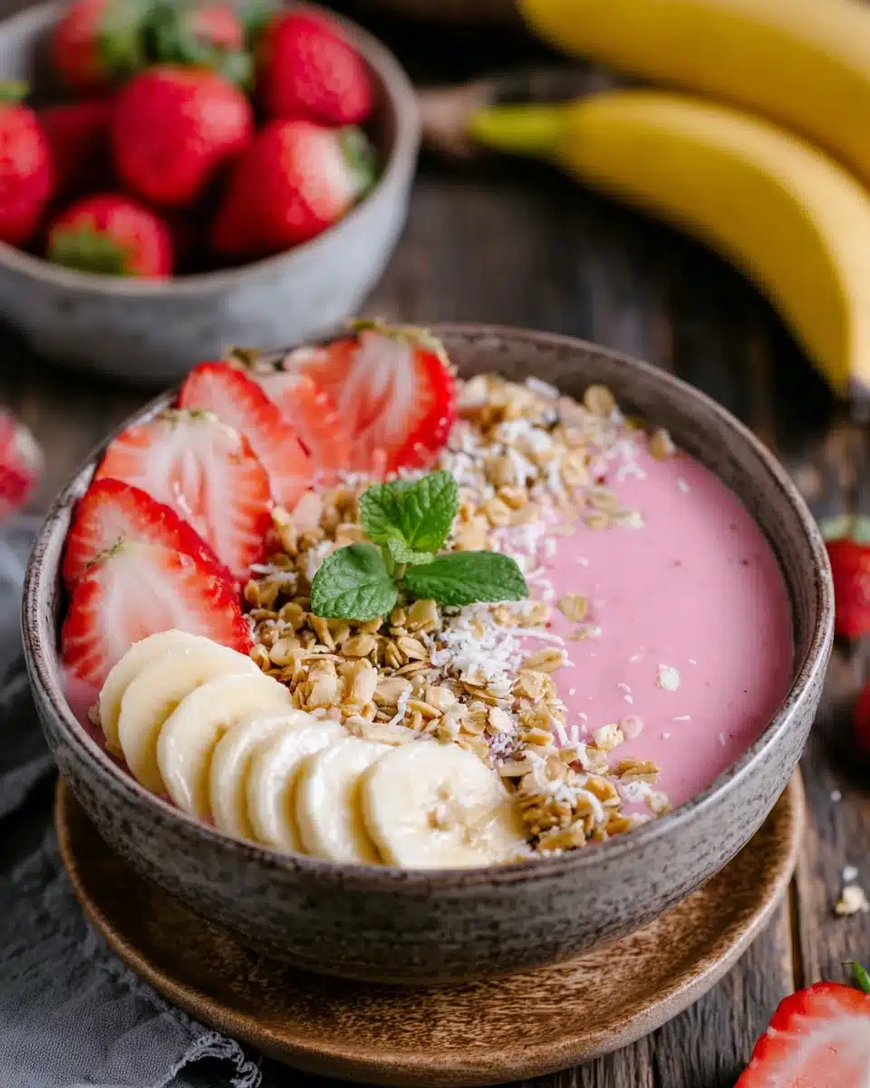 Creamy strawberry banana smoothie bowl with fresh fruit and granola toppings