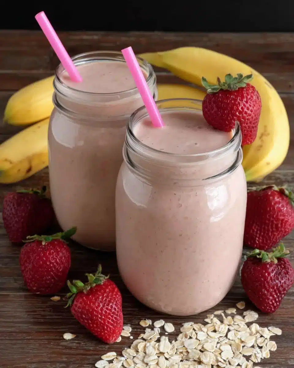 Creamy strawberry banana smoothie delight in glass jars with fresh strawberries and bananas