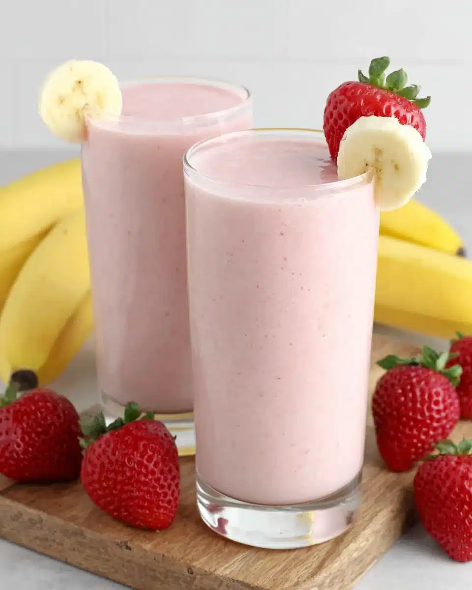 Creamy strawberry banana smoothie in glass with fresh fruit garnish
