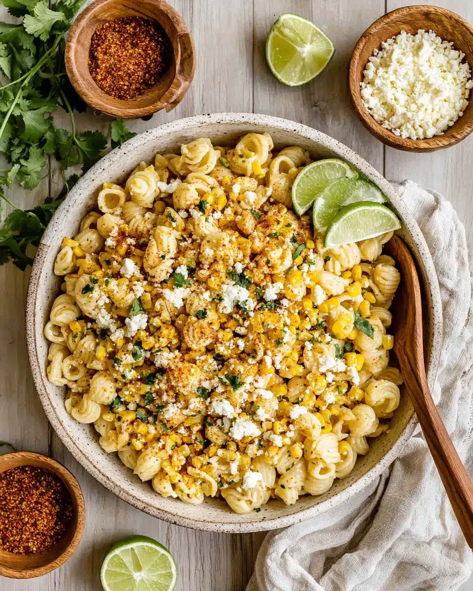 Creamy Street Corn Pasta Salad with Cotija and Lime Creamy street corn pasta salad with corn, cotija cheese, and lime in a white bowl