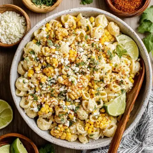 Creamy Street Corn Pasta Salad: A Delightful Side Dish 1 Creamy street corn pasta salad with corn, cotija cheese, and lime in a white bowl
