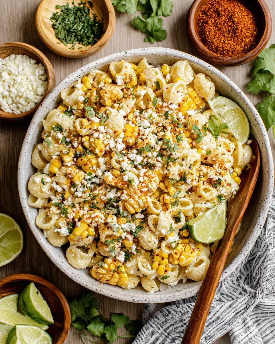 Creamy Street Corn Pasta Salad with Cotija Cheese and Lime Creamy street corn pasta salad with corn, cotija cheese, and lime in a white bowl