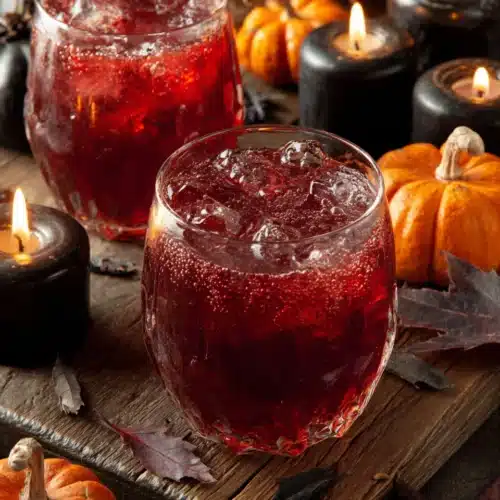 Creepy Halloween Punch: Spooktacular Fun for Everyone! 1 Creepy Halloween punch in red glasses with ice, surrounded by pumpkins and candles