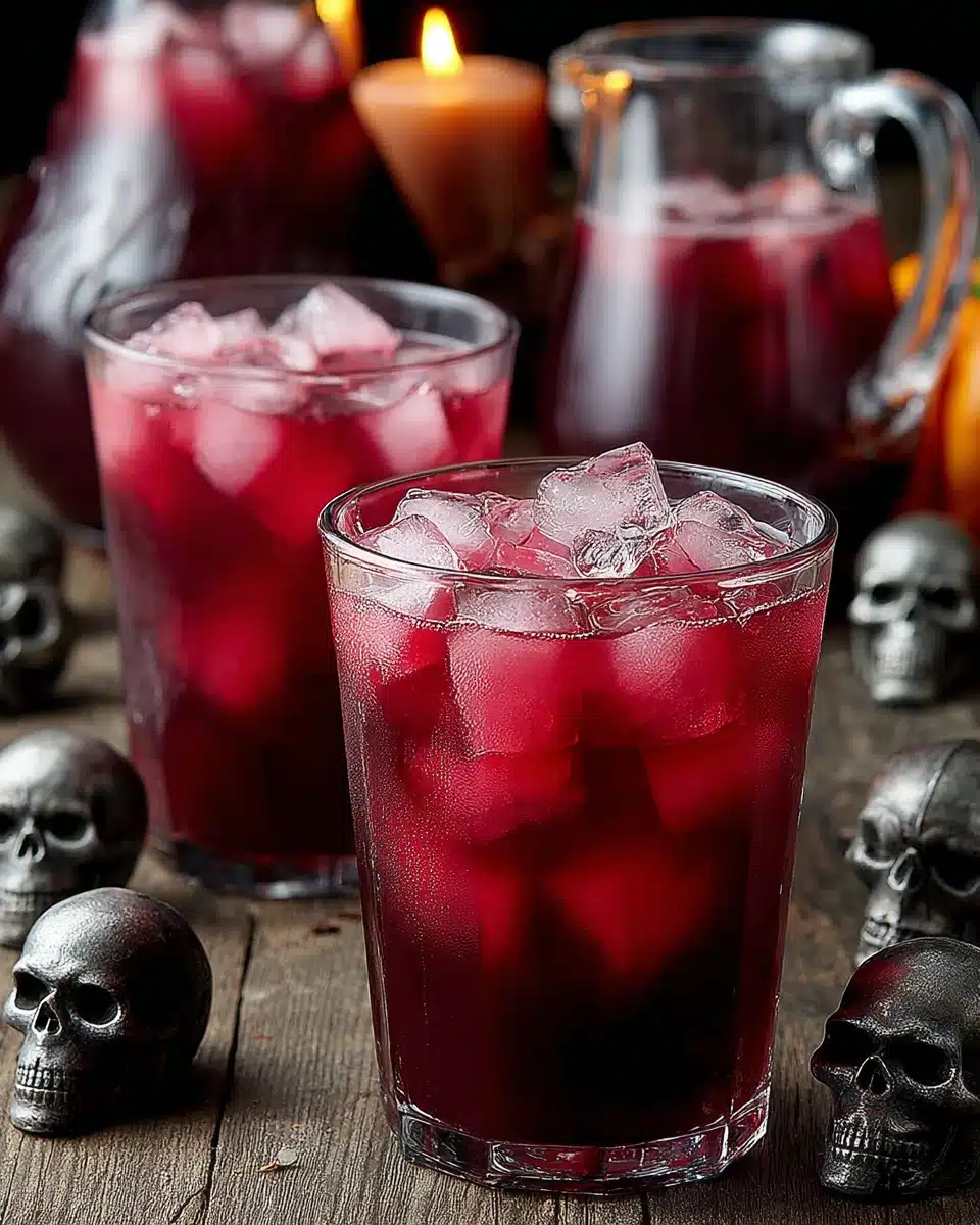 Creepy Halloween Punch with Skulls and Candles Creepy Halloween punch in red glasses with skull decorations and candles.