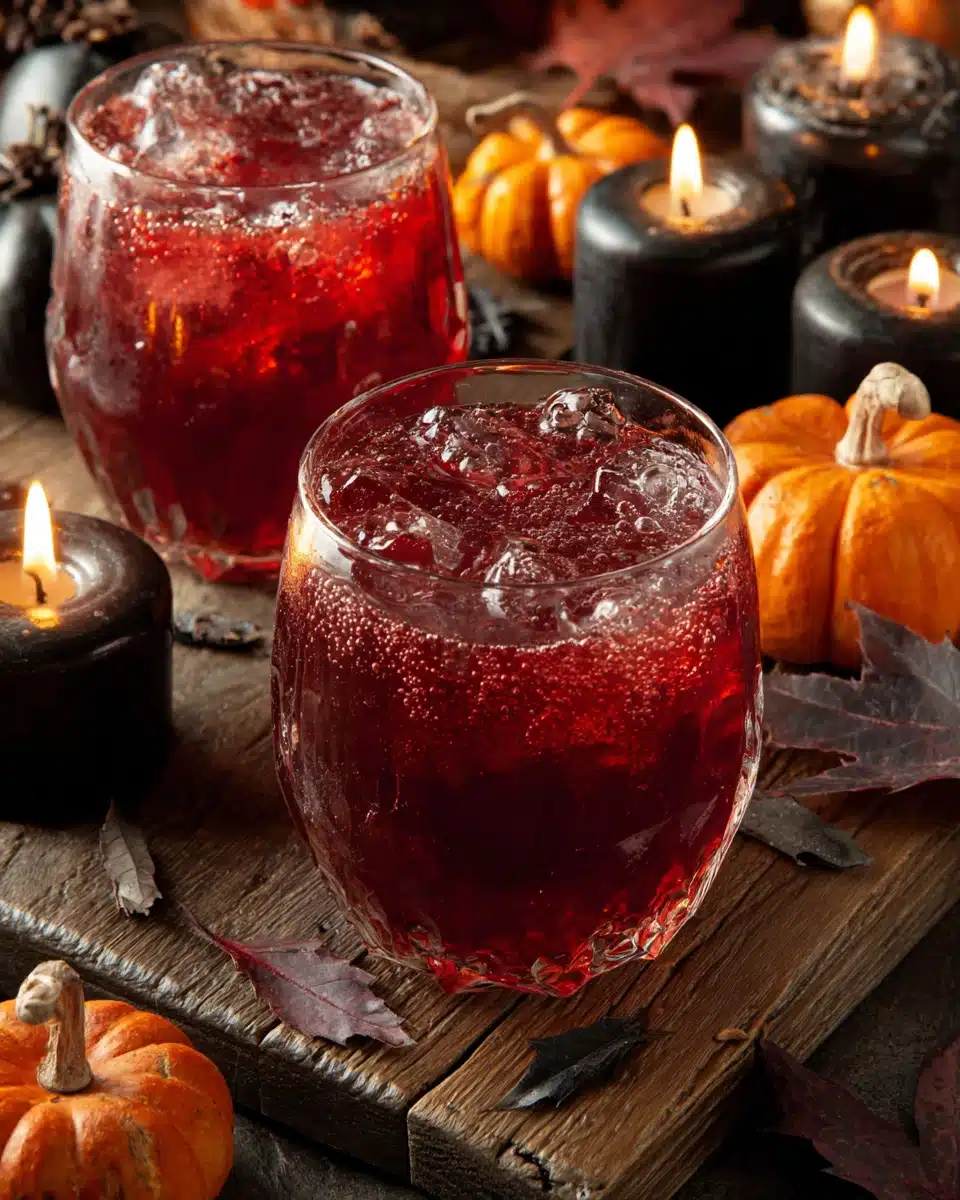 Creepy Halloween Punch with Red Drink and Spooky Decor Creepy Halloween punch in red glasses with ice, surrounded by pumpkins and candles