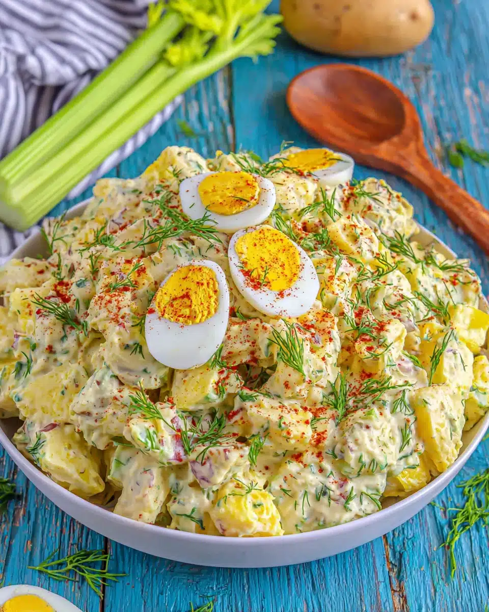 Creamy deviled egg potato salad with hard-boiled egg garnish and fresh dill