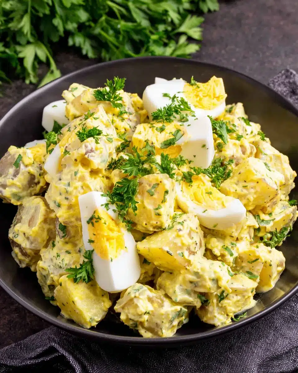 Creamy deviled egg potato salad in a black bowl, garnished with parsley