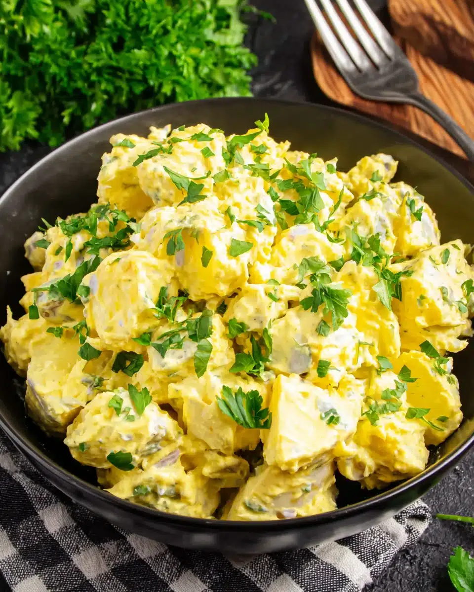 Creamy deviled egg potato salad in a black bowl, garnished with parsley