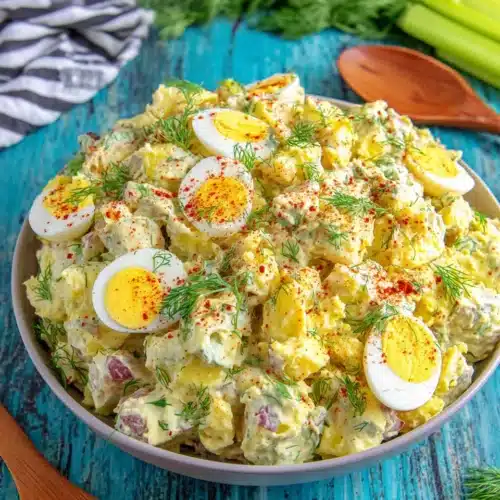 Creamy deviled egg potato salad with hard-boiled egg garnish and fresh dill