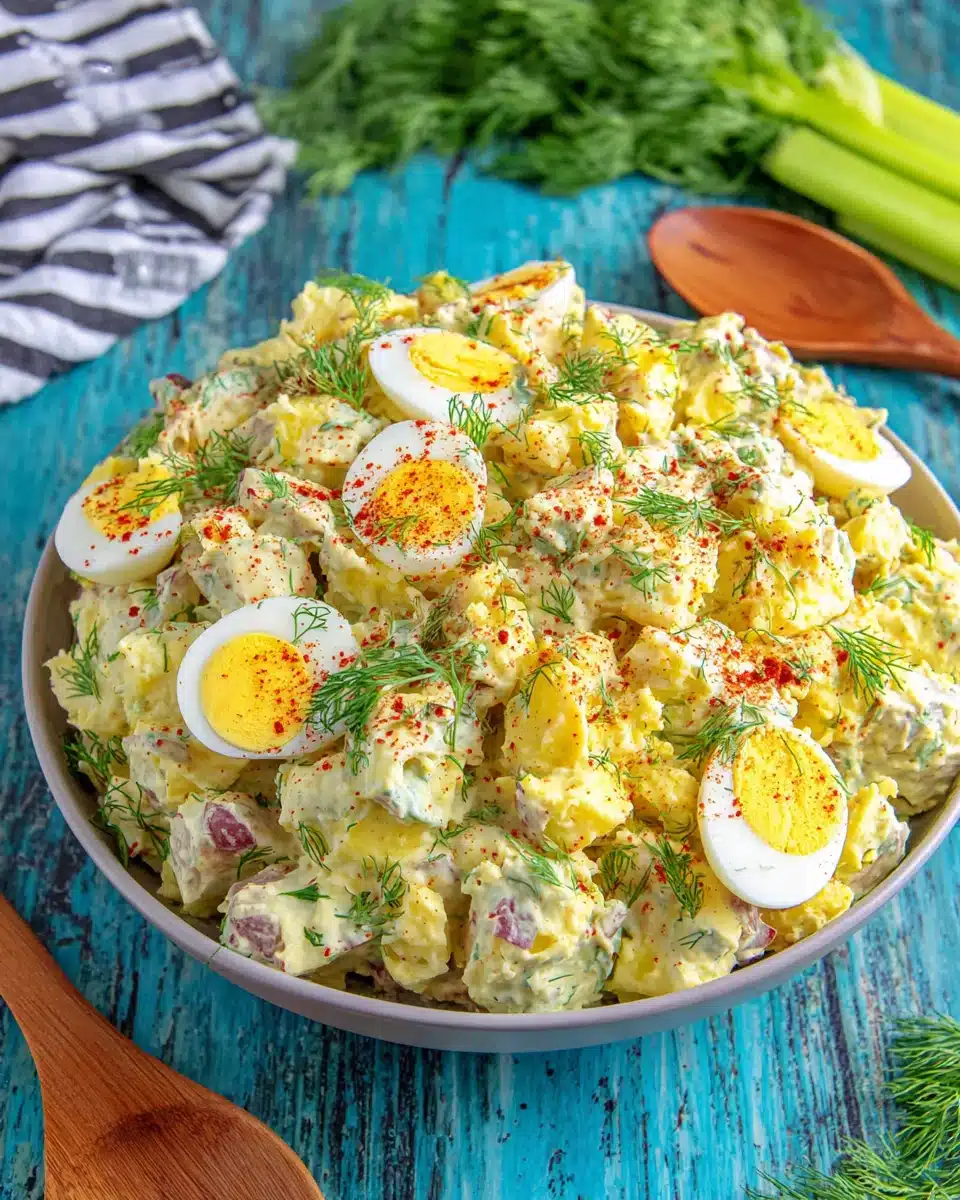 Creamy deviled egg potato salad with hard-boiled egg garnish and fresh dill