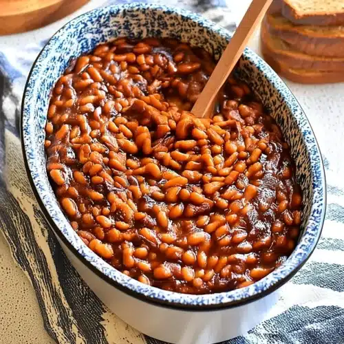 Easy baked beans in a blue speckled dish with wooden spoon