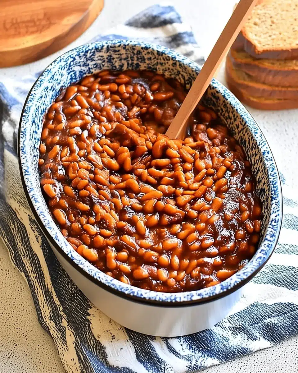 Easy baked beans in a blue speckled dish with wooden spoon
