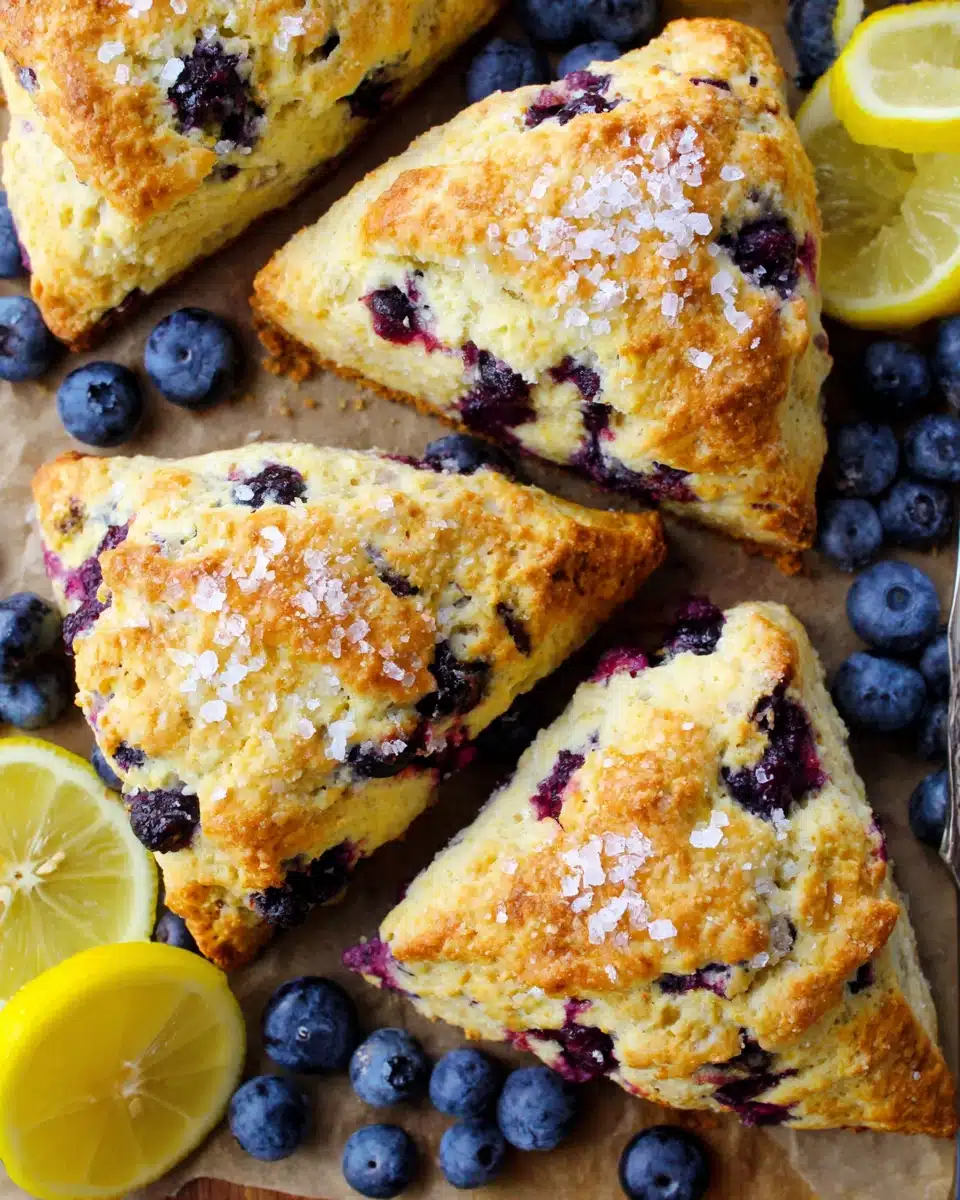 Golden easy blueberry scones with fresh berries and lemon zest on parchment paper