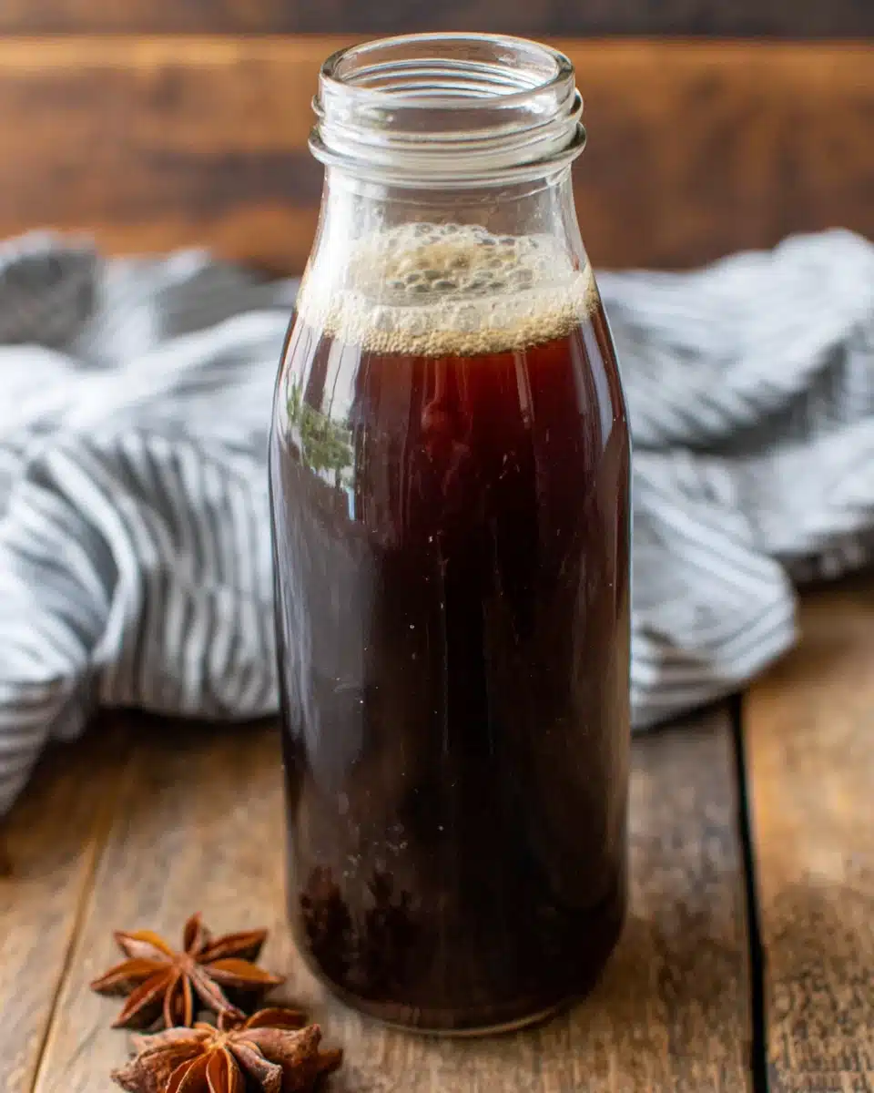 Easy chai concentrate recipe in glass bottle with star anise on wooden table