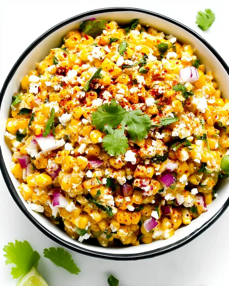 Easy elote dip with corn, cheese, cilantro, and red onion in a white bowl