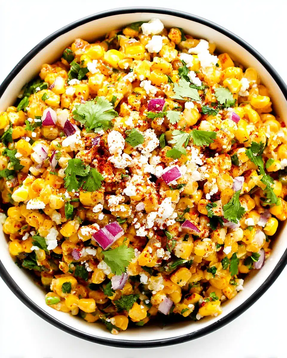 Easy elote dip in a white bowl with black rim, topped with cheese, cilantro, and chili powder.