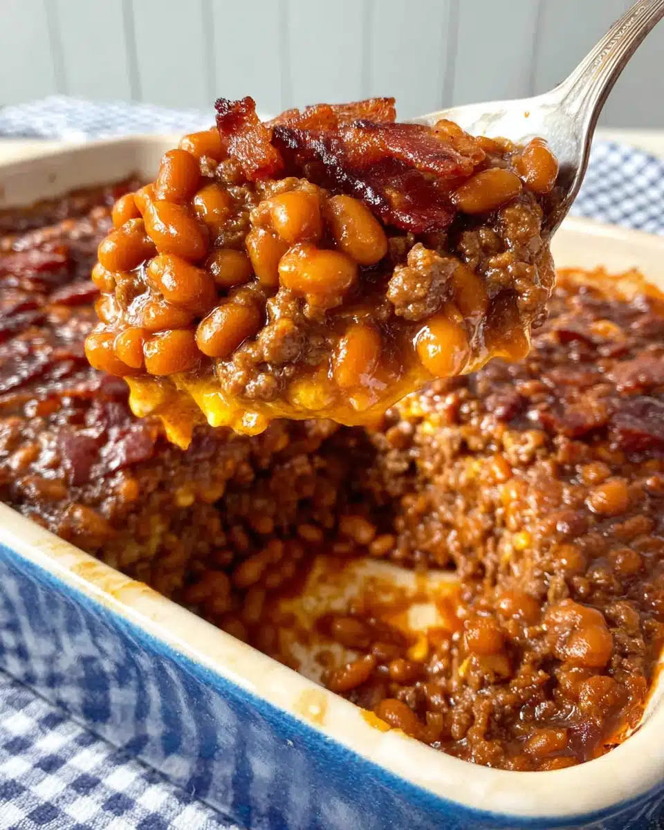 Easy southern baked beans with ground beef and bacon in a blue dish