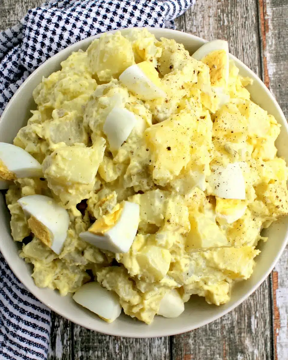 Easy Southern Potato Salad Recipe with Eggs Creamy southern potato salad with hard-boiled eggs in a white bowl
