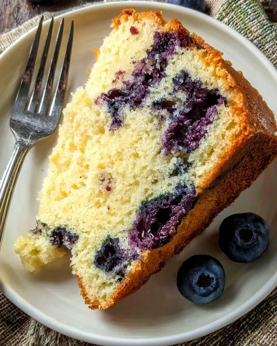 Moist eggless blueberry cake slice with fresh blueberries and fork on white plate