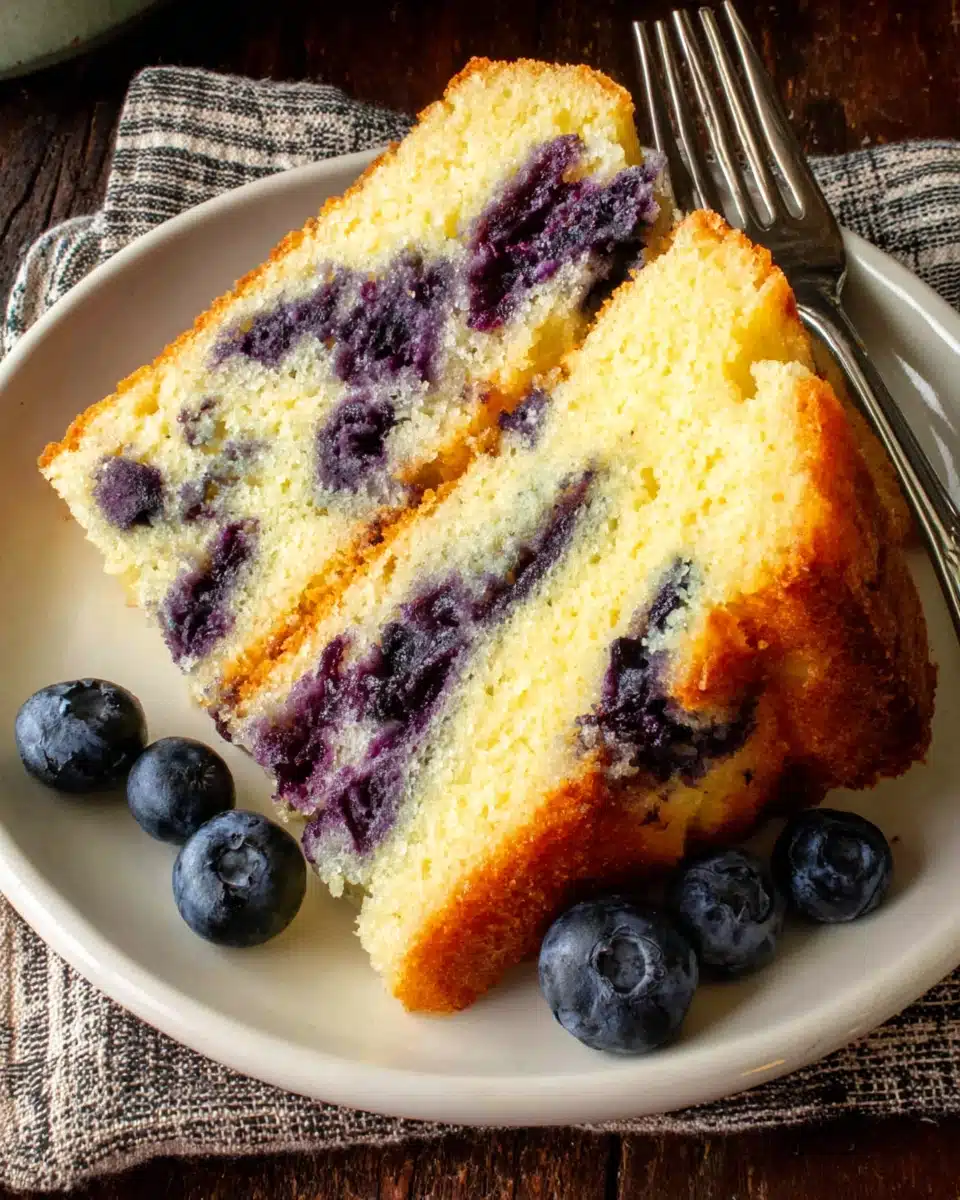 Moist eggless blueberry cake slice with fresh blueberries and fork on white plate