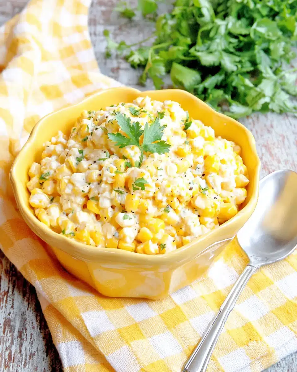 Creamy elote corn salad in a yellow bowl with cilantro garnish