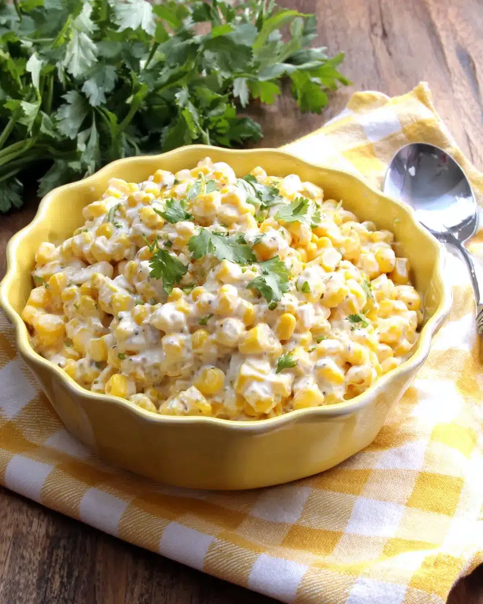 Creamy elote corn salad with cilantro in a yellow bowl