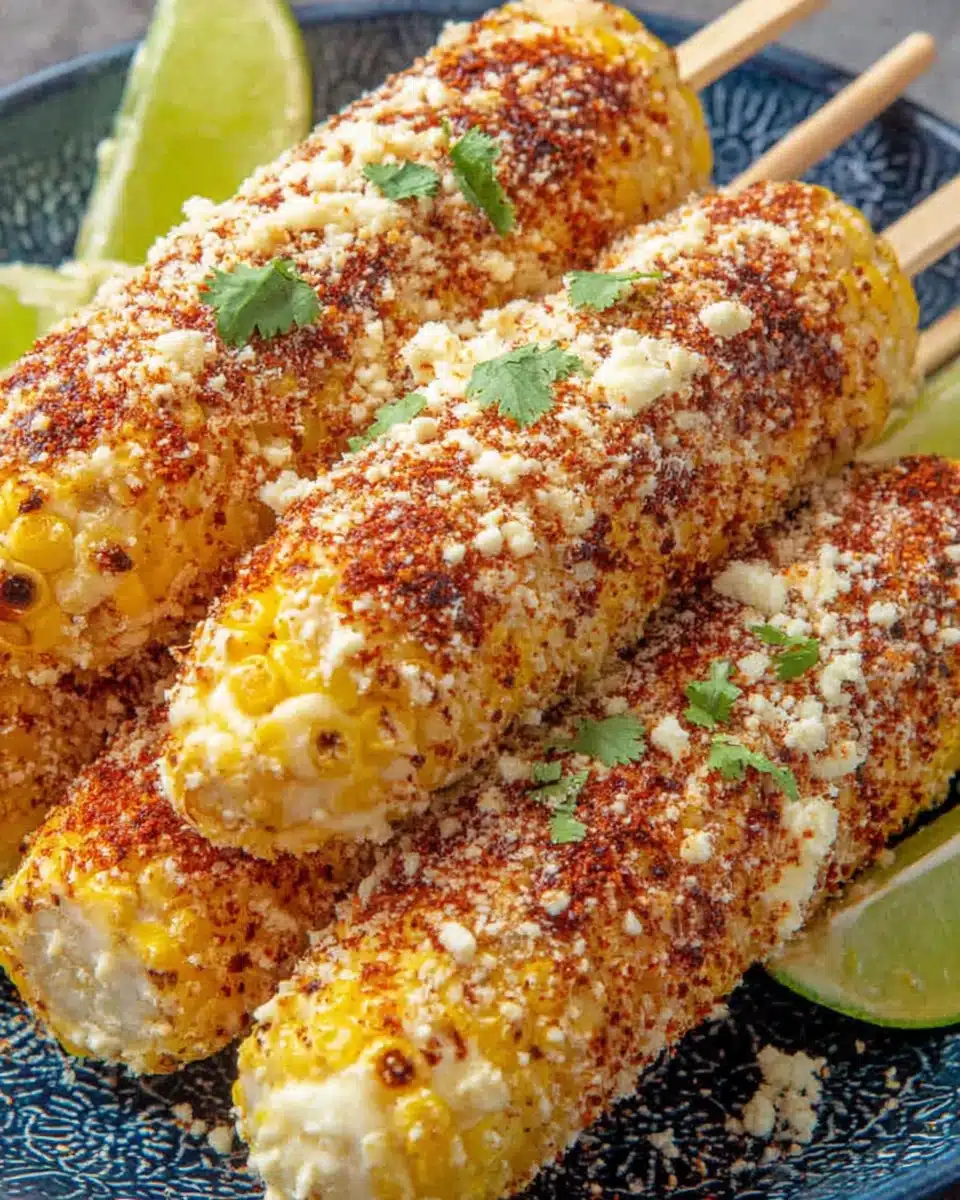 Creamy elote recipe with cotija cheese, chili powder, and lime on a plate